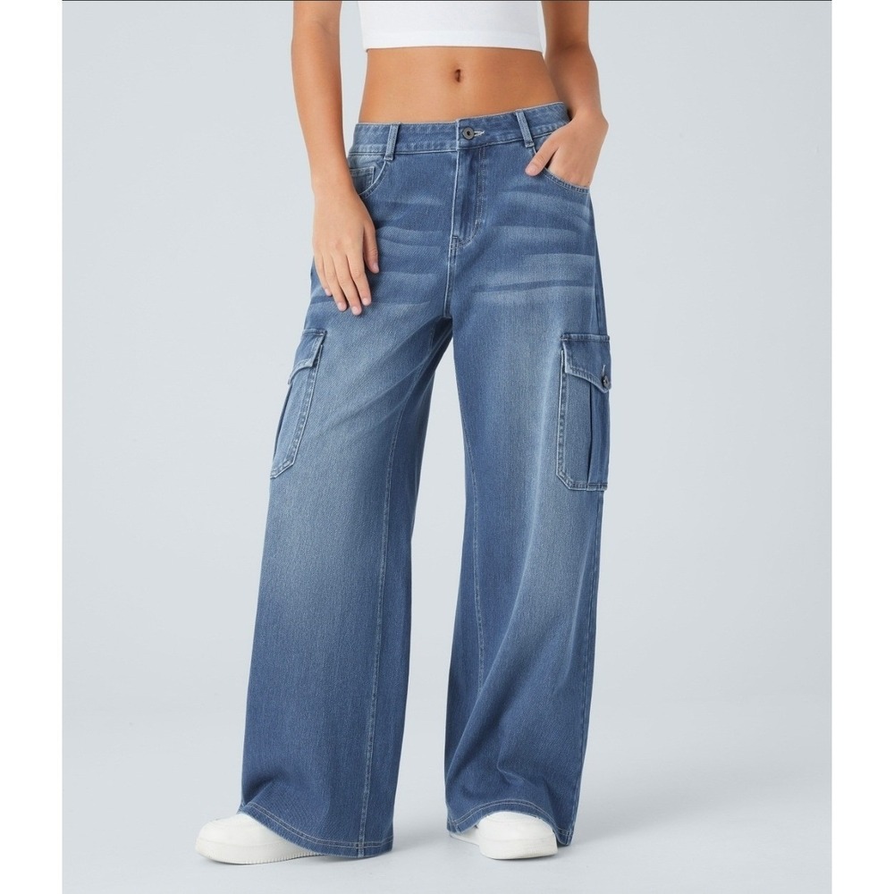 NWT Halara Flex Low Rise Baggy Wide Leg Cargo Jeans Blue Size M Regular